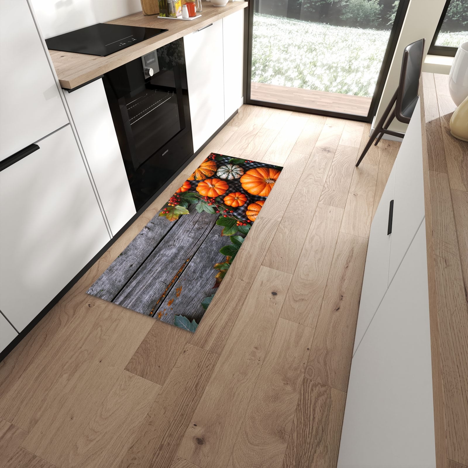 Bodenschonender Küchenläufer mit Motiv Herbstlicher Kürbis in moderner Küche #grösse_60 x 150 cm