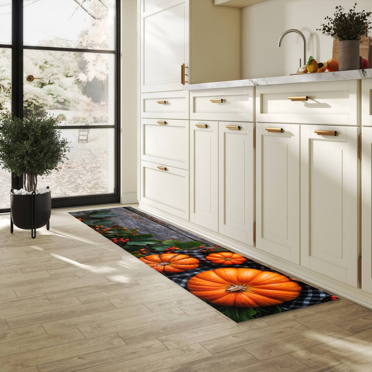 Komfortabler Teppich fürs Esszimmer mit Motiv Herbstlicher Kürbis in heller Küche, waschbar