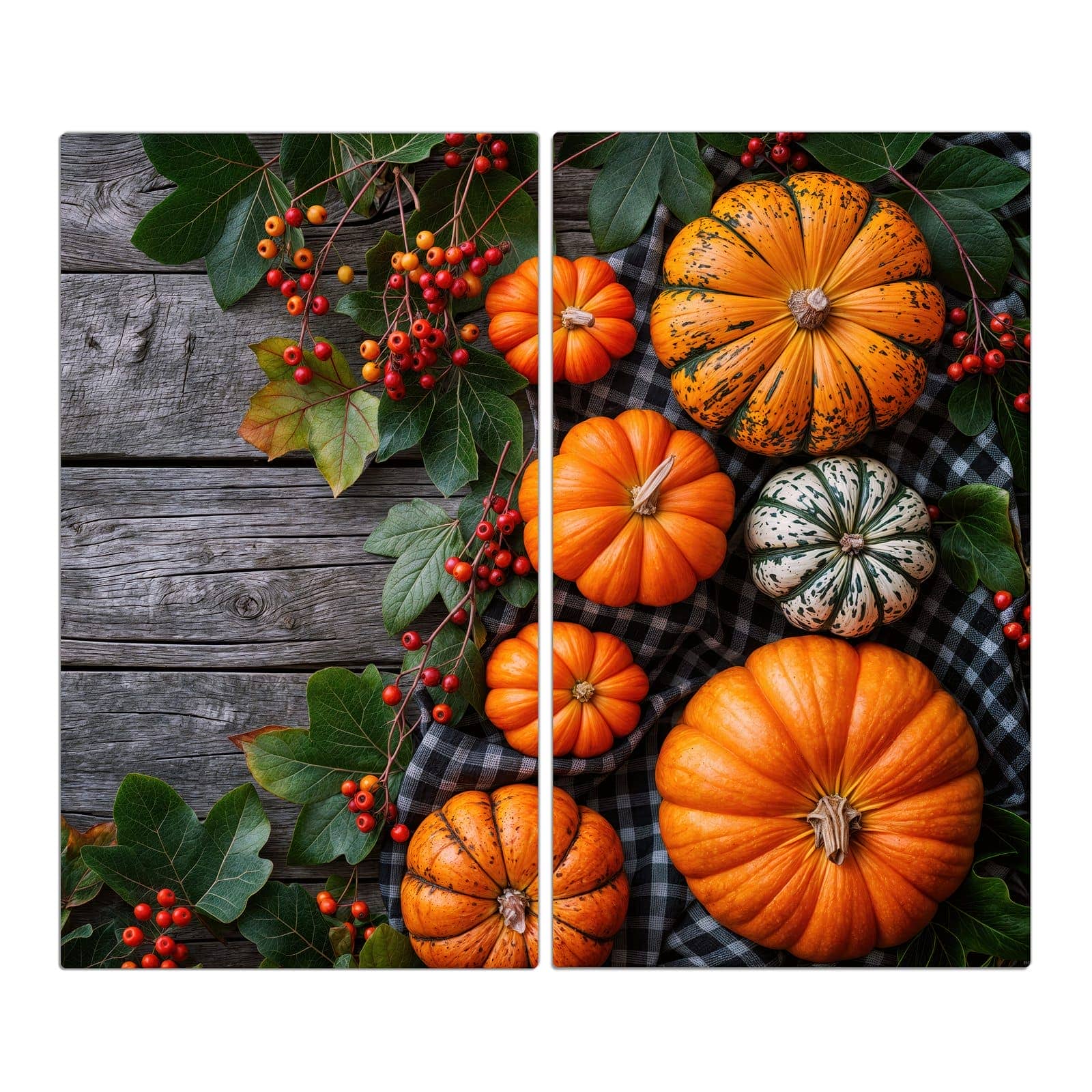 2-teilige Abdeckplatten für den Herd mit Herbstlicher Kürbis-Motiv in der Frontansicht #grösse_2-Teilig (60x52cm)