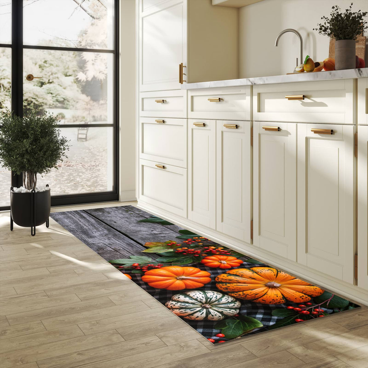 Strapazierfähiger Küchenteppich mit Motiv Herbstlicher Kürbis in heller Küche