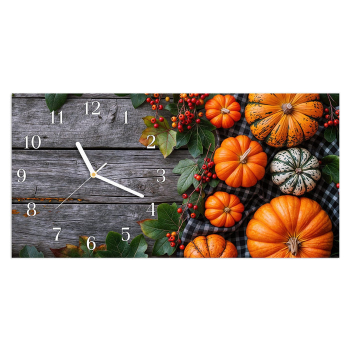 Wanduhr Herbstlicher Kürbis aus Glas – Querformat 60 × 30 cm mit Ziffernblatt Klassisch