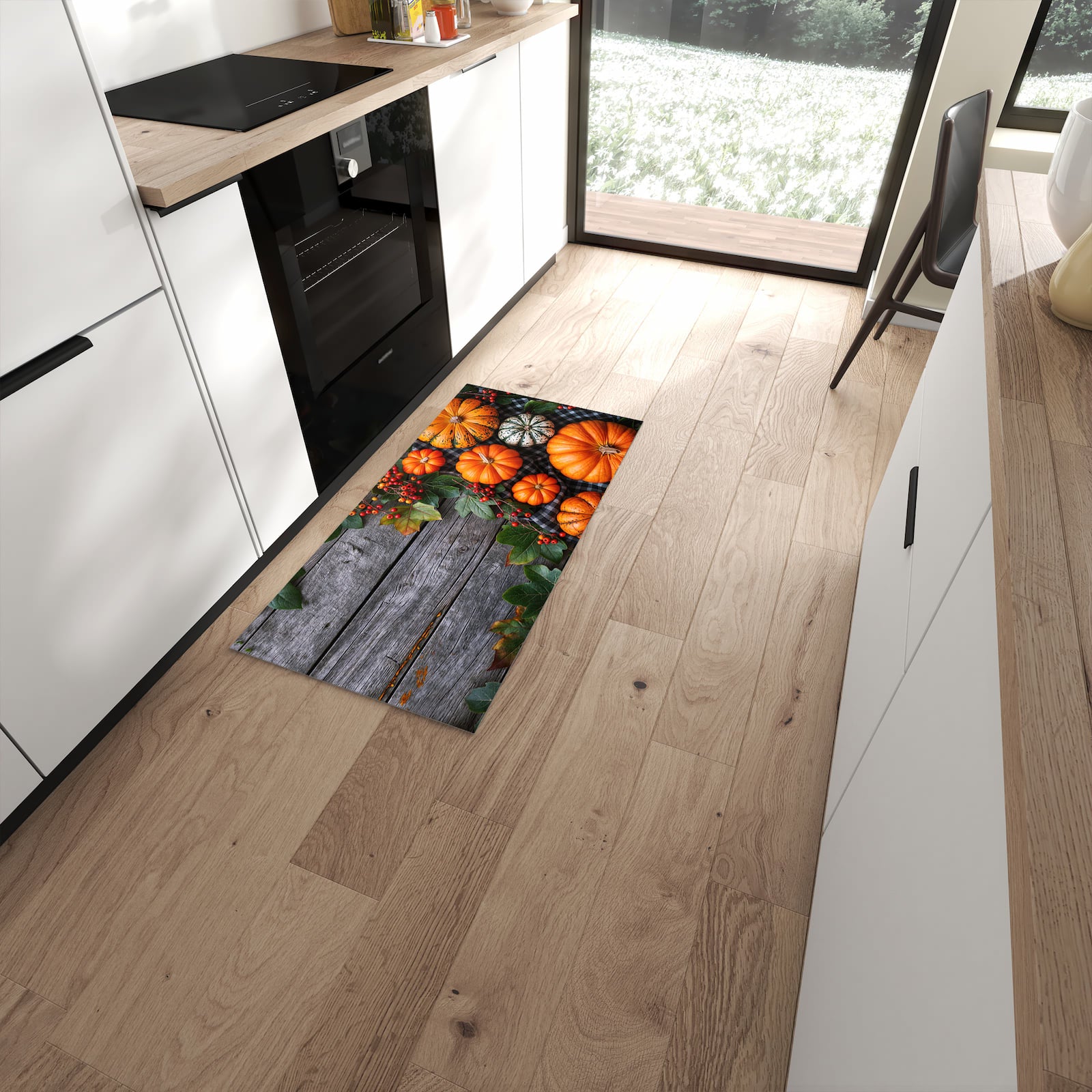 Feuchtigkeitsresistenter Küchenläufer mit Motiv Herbstlicher Kürbis in moderner Küche #grösse_60 x 120 cm
