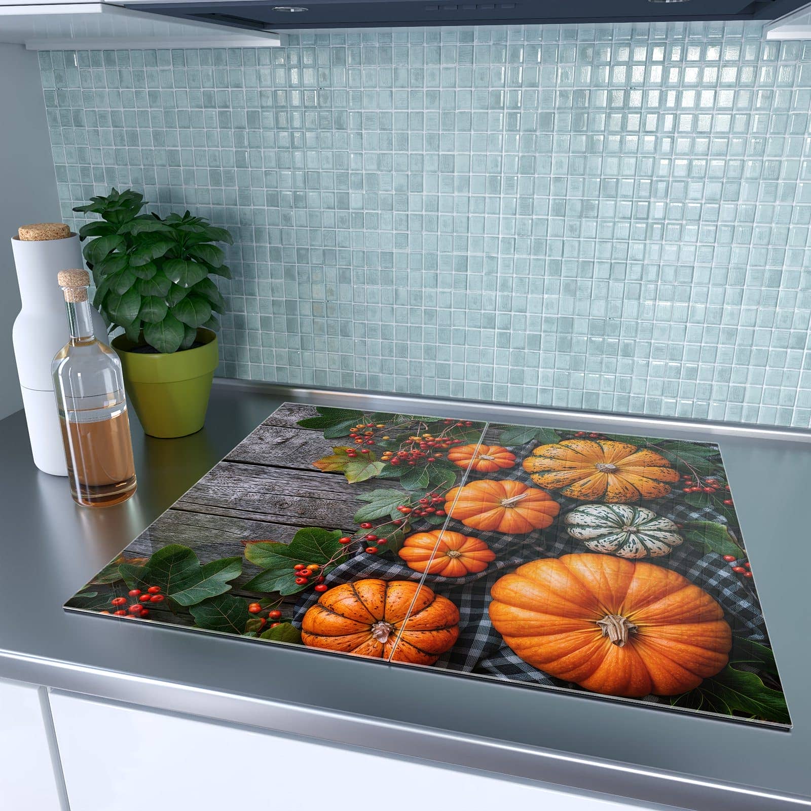 2-teilige Herdabdeckplatten aus Glas mit Herbstlicher Kürbis-Motiv auf dem Ceranfeld