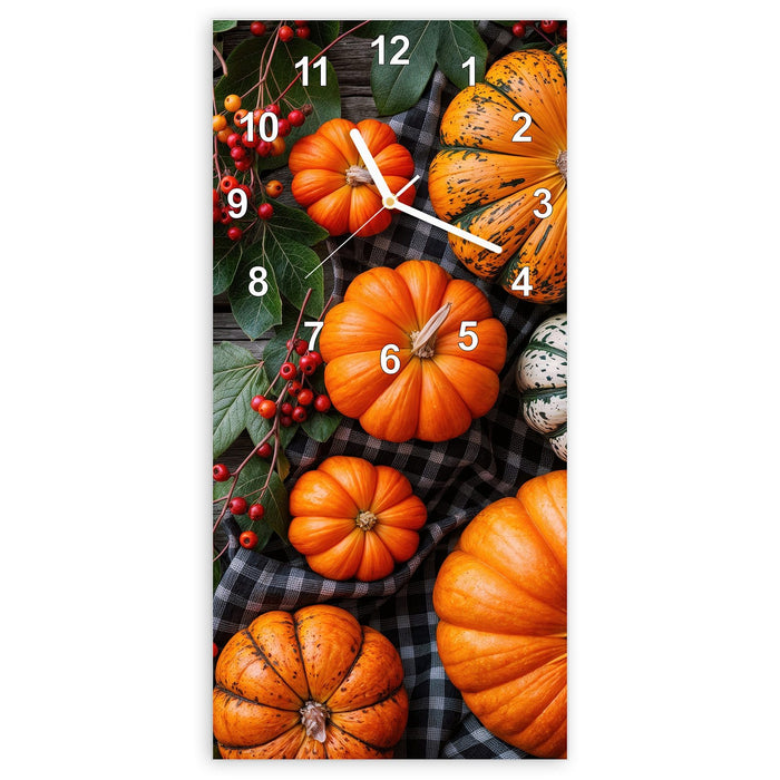 Wanduhr Herbstlicher Kürbis aus Glas – Hochformat 30 × 60 cm mit Ziffernblatt Modern