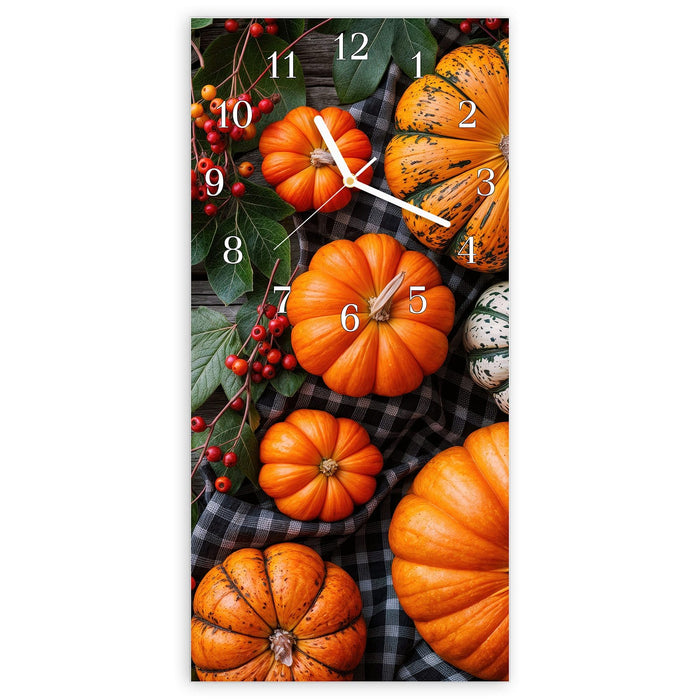 Wanduhr Herbstlicher Kürbis aus Glas – Hochformat 30 × 60 cm mit Ziffernblatt Klassisch
