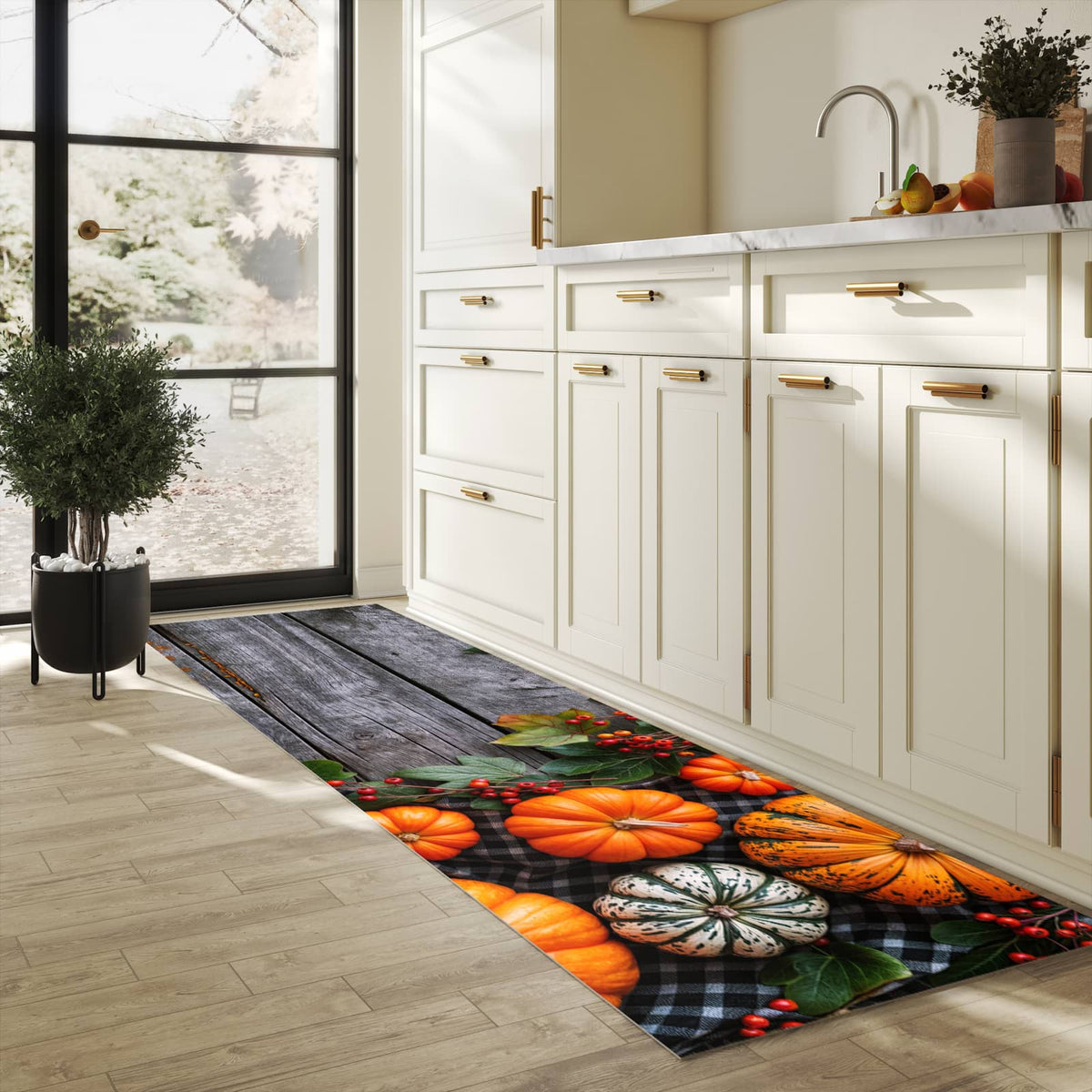 Waschbarer Küchenteppich mit Motiv Herbstlicher Kürbis in heller Küche