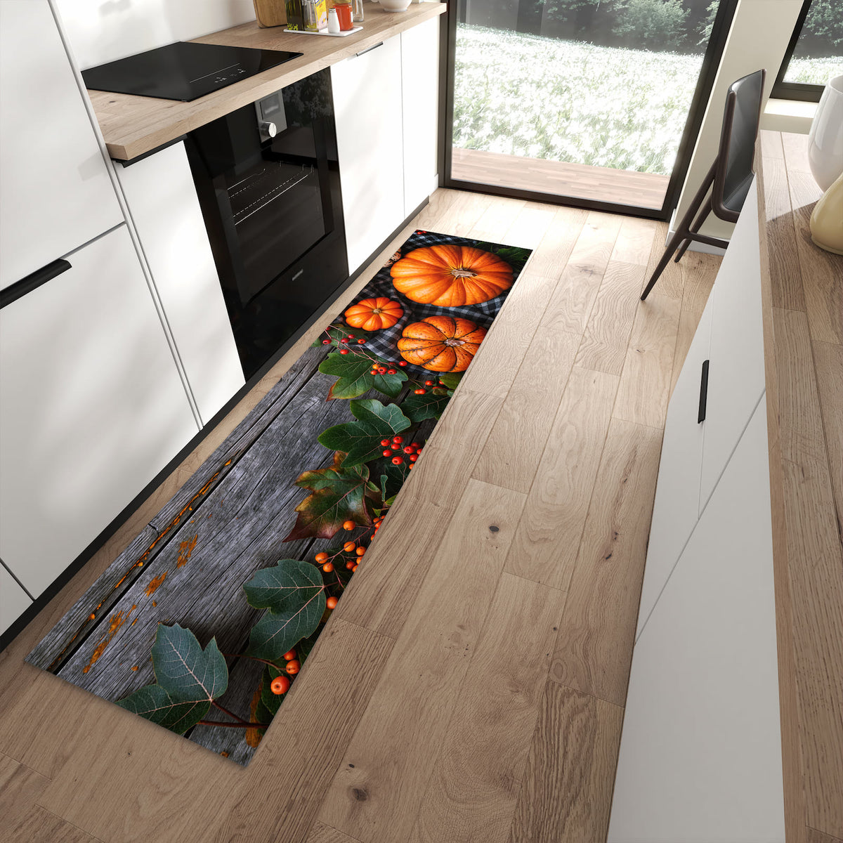 Bodenschonender Küchenläufer mit Motiv Herbstlicher Kürbis in moderner Küche