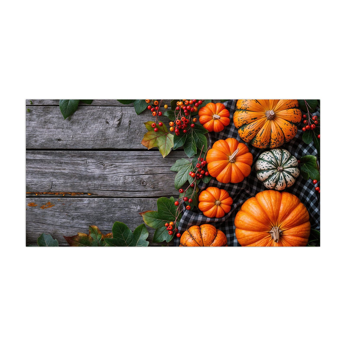 Küchenrückwand aus Glas Kürbisse und Beeren im Hochformat, Motiv bildfüllend von vorn