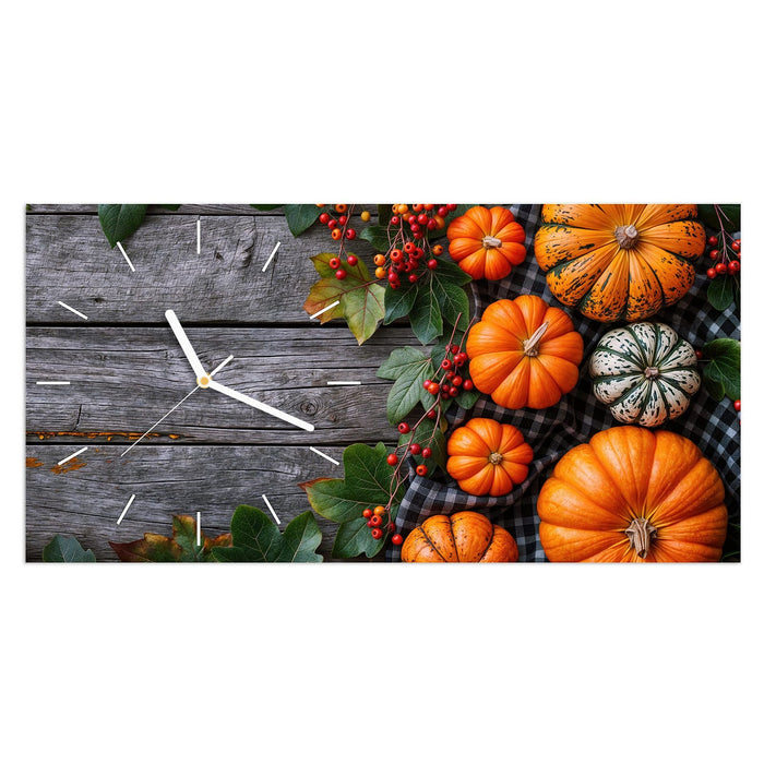 Wanduhr Herbstlicher Kürbis aus Glas – Querformat 60 × 30 cm mit Ziffernblatt Linie