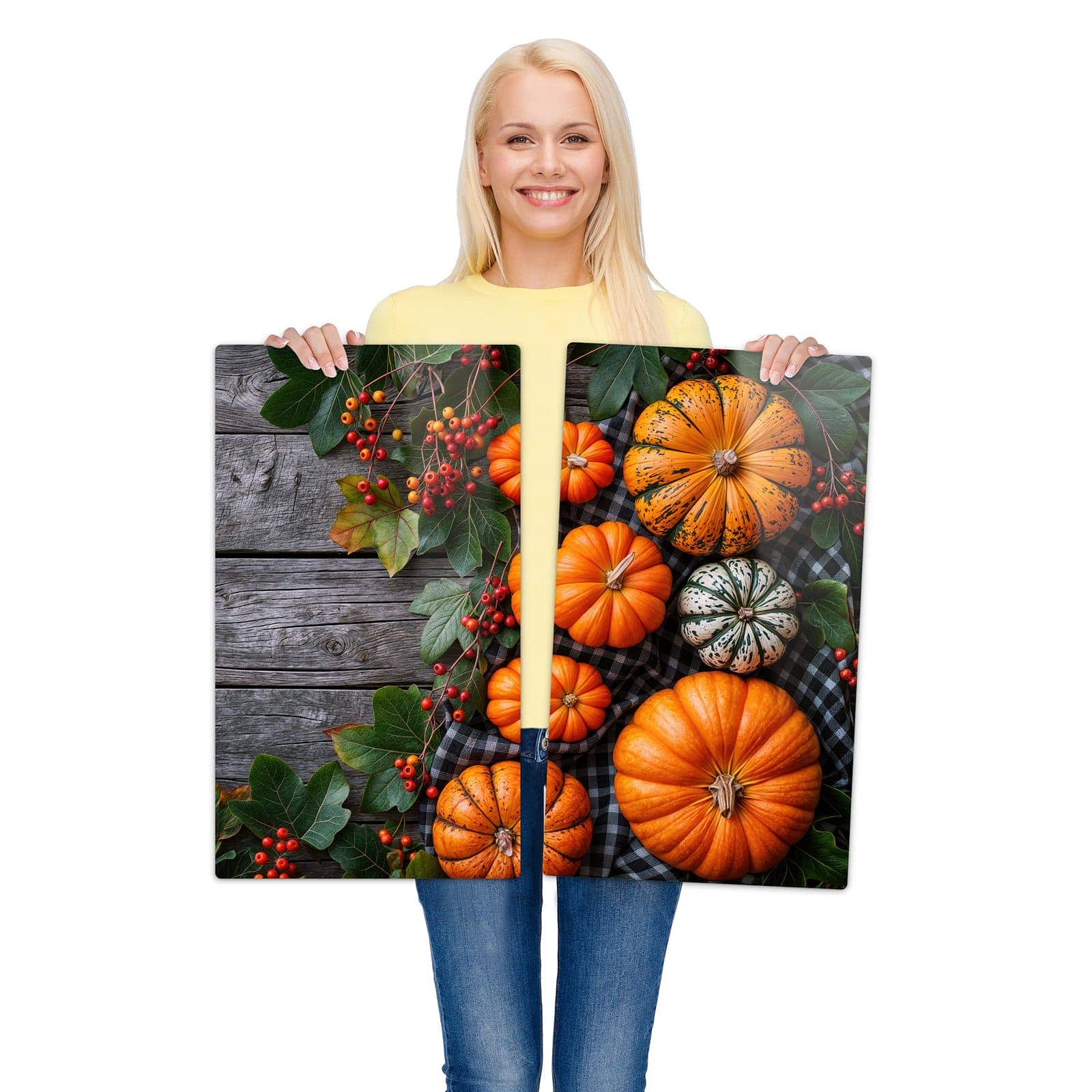 2-teilige Herdabdeckplatten mit Herbstlicher Kürbis-Motiv werden zur Größendarstellung gehalten