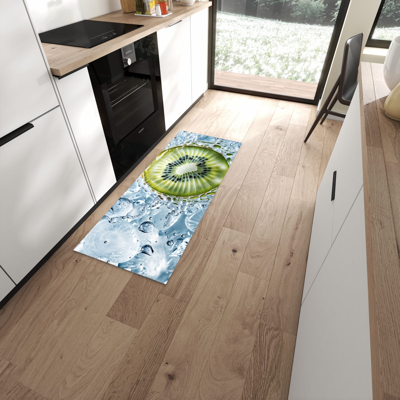 Langlebiger Bodenläufer mit Motiv Kiwi mit Eis in moderner Küche #grösse_60 x 150 cm