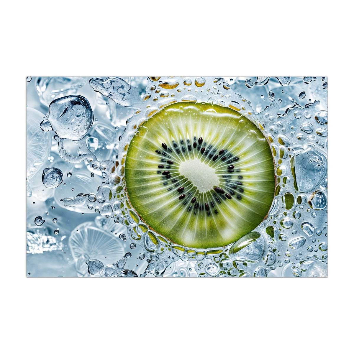 Küchenrückwand aus Glas Kiwi in Wasserblasen im Hochformat, Motiv bildfüllend von vorn