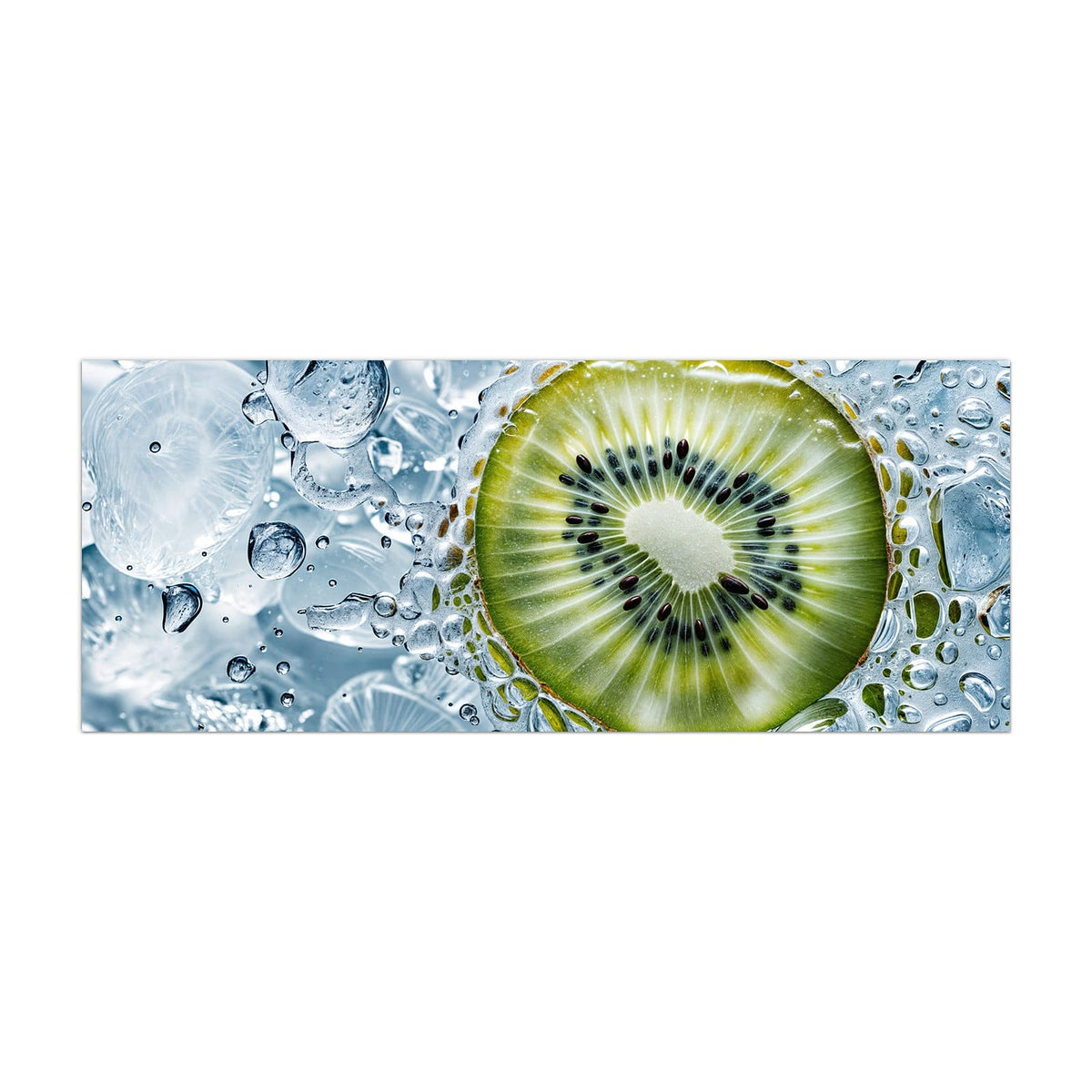 Küchenrückwand aus Glas Kiwi in Wasserblasen im Hochformat, Motiv bildfüllend von vorn