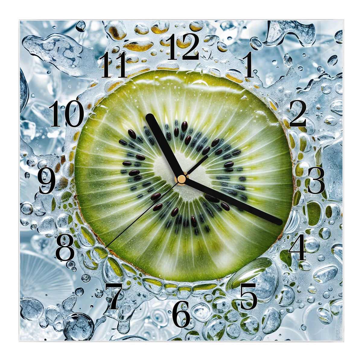 Wanduhr aus Glas, Ziffernblatt Klassisch: Kiwischeibe umgeben von unzähligen Wasserblasen und hellblauem Eis