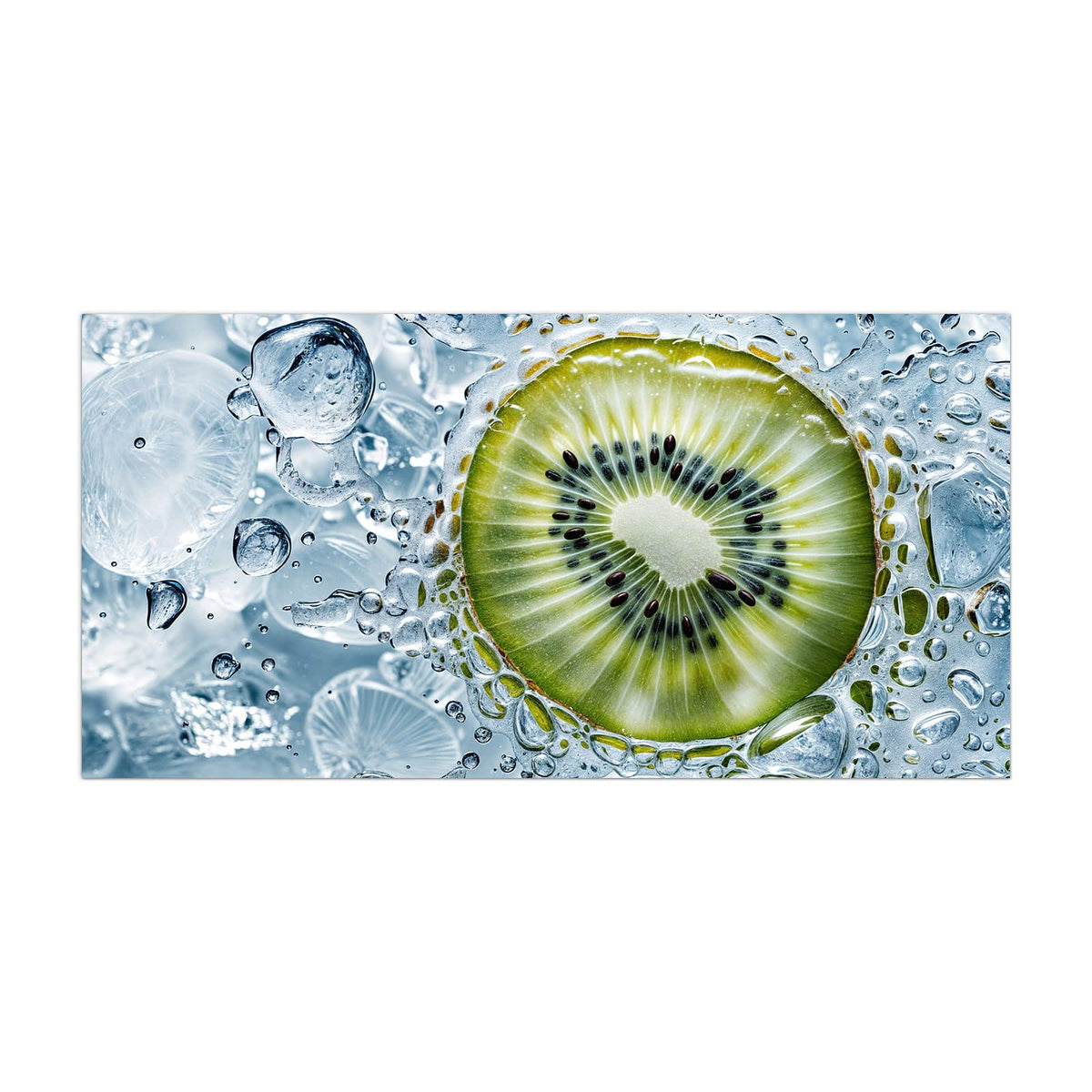 Küchenrückwand aus Glas Kiwi in Wasserblasen im Hochformat, Motiv bildfüllend von vorn