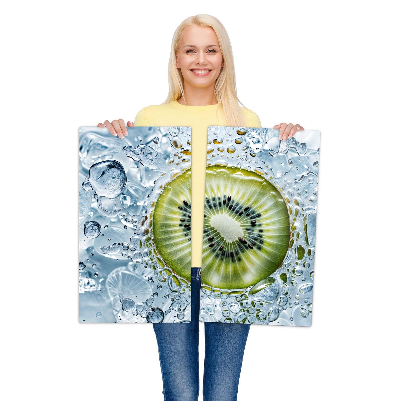 2-teilige Herdabdeckplatten für Ceranfeld mit Kiwi mit Eis-Motiv zur Größendarstellung gehalten