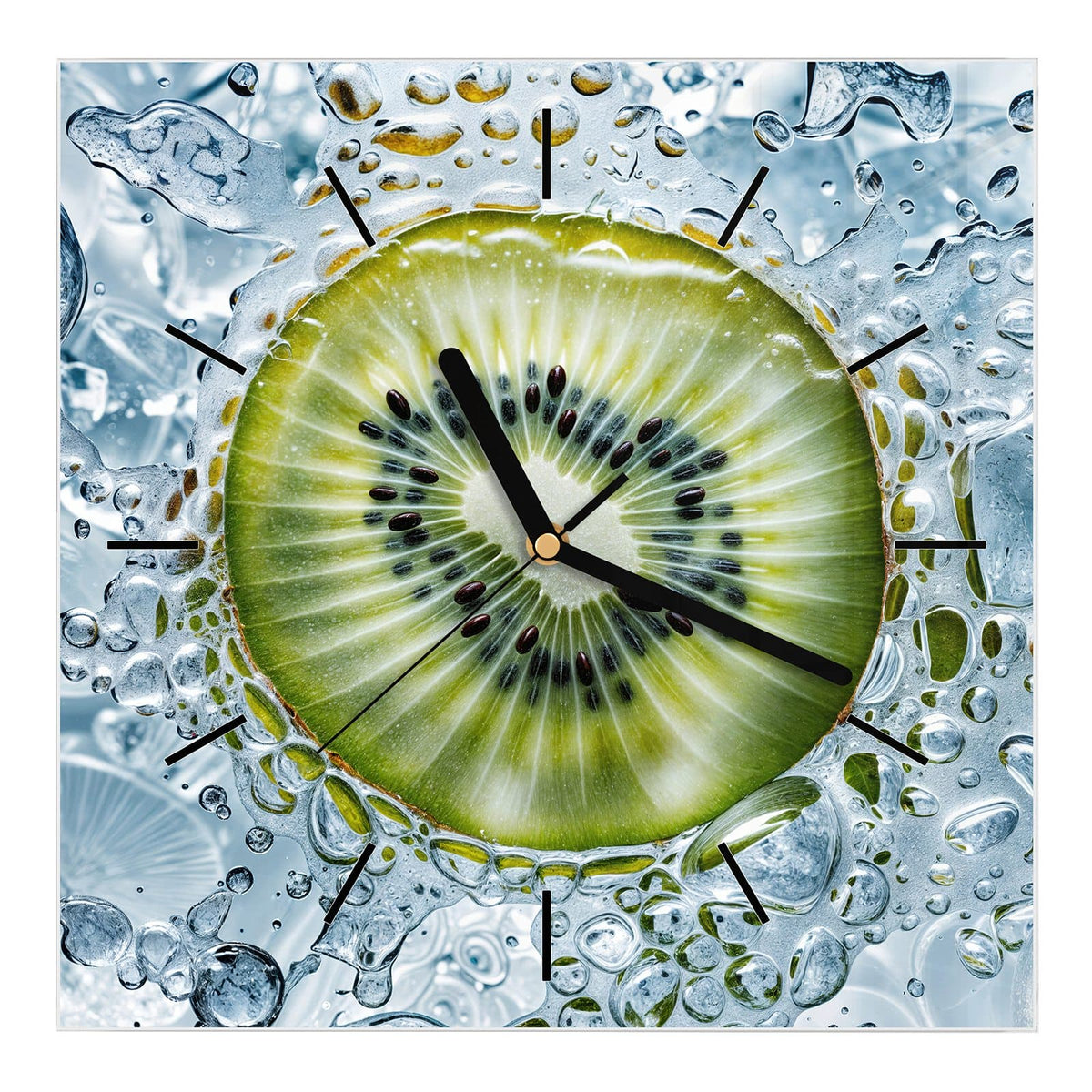 Wanduhr aus Glas, Ziffernblatt Linie: Kiwischeibe umgeben von unzähligen Wasserblasen und hellblauem Eis