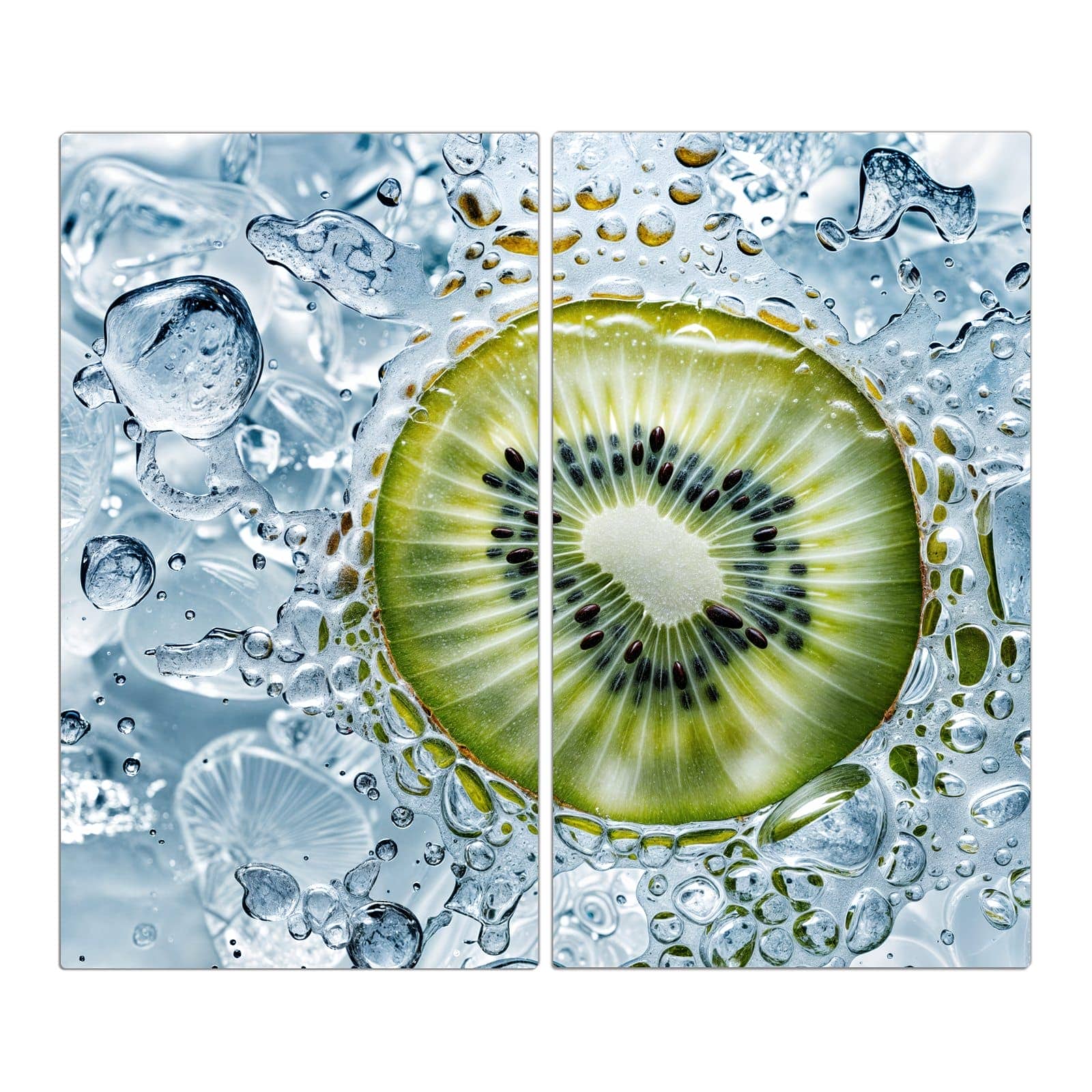 2-teilige Herdabdeckung aus Glas mit Kiwi mit Eis-Motiv in der Frontansicht