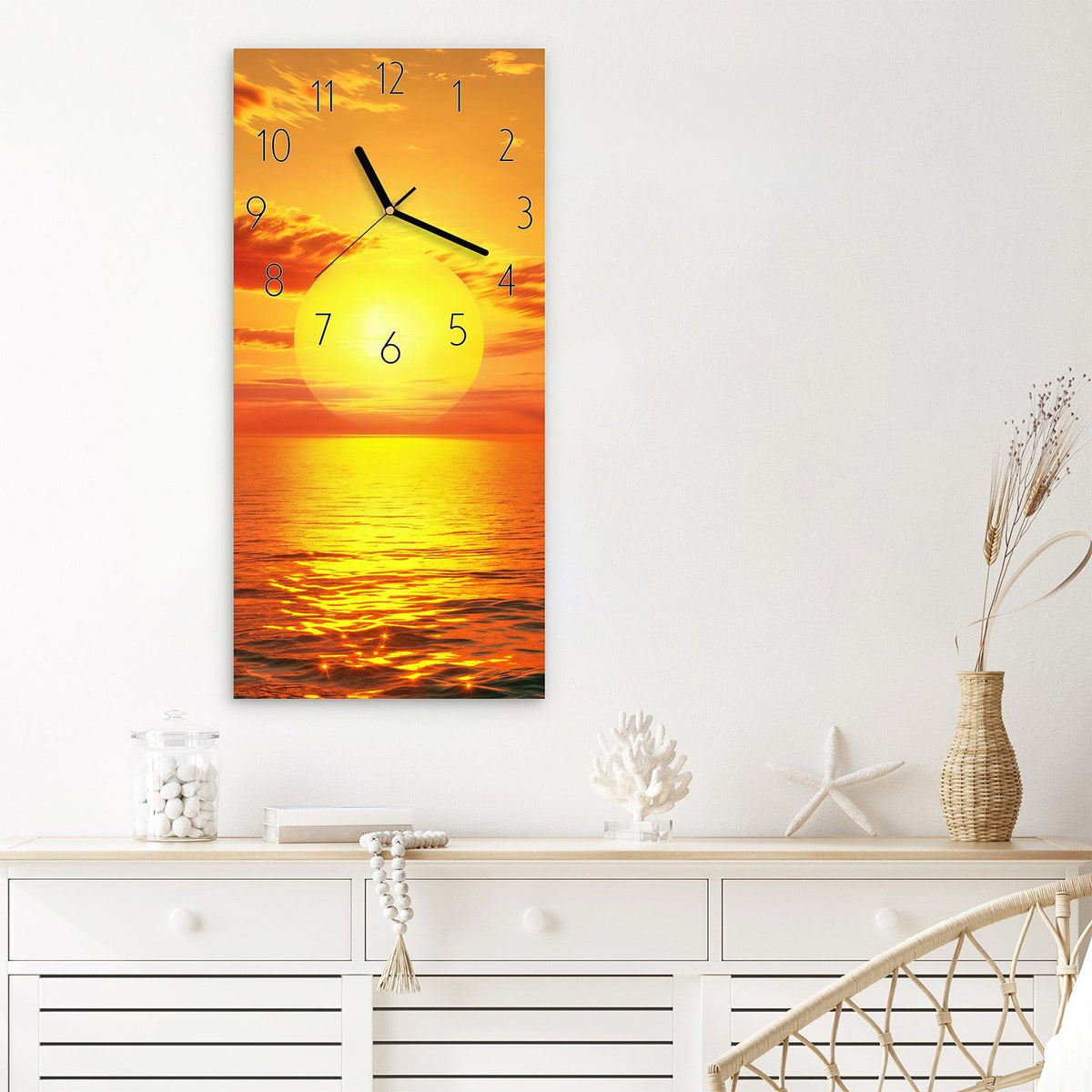 Wanduhr Sonnenuntergang am Meer aus Glas – Oranger Sonnenuntergang über ruhigem Meer