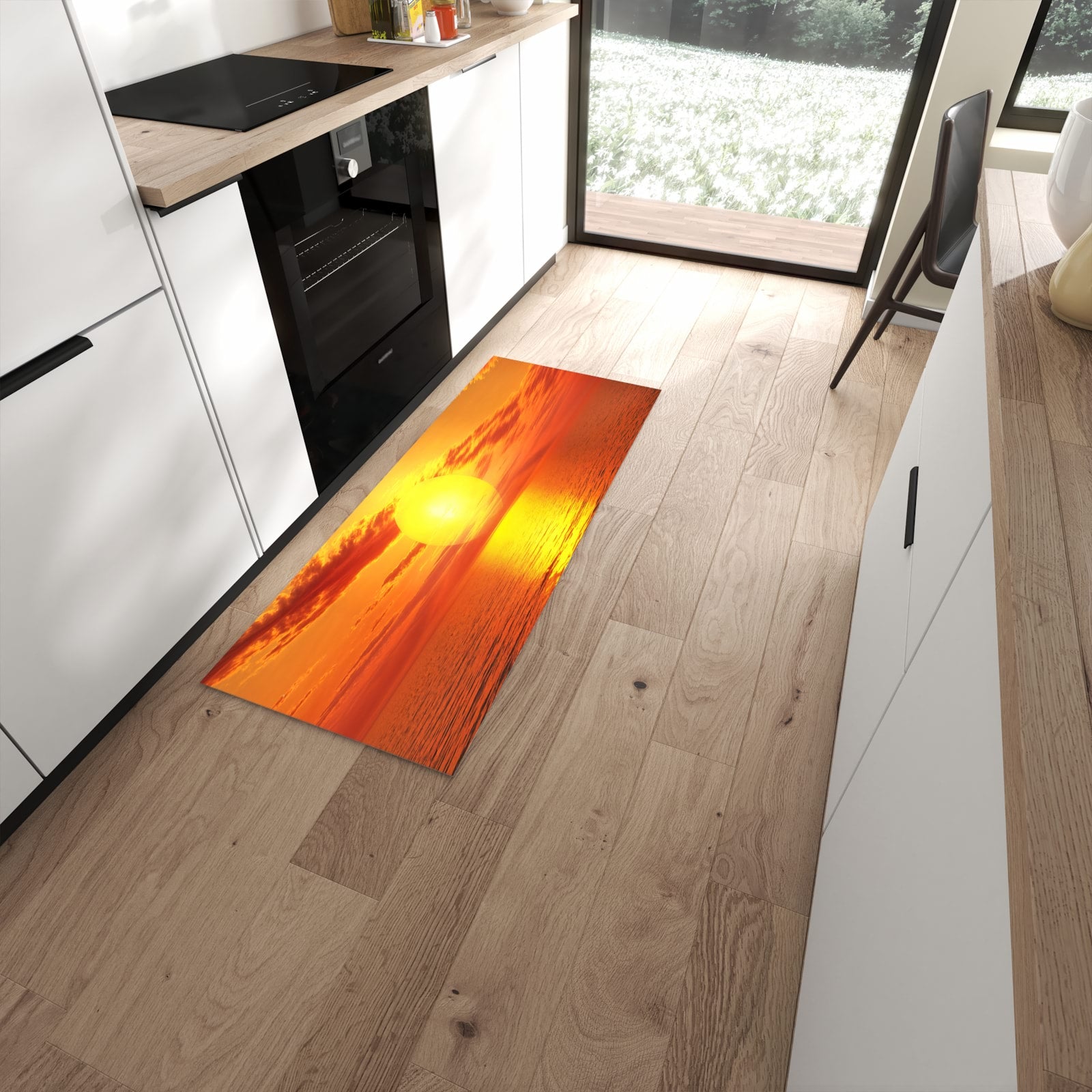 Bodenschonender Küchenläufer mit Motiv Meer von Sonnenuntergang in moderner Küche #grösse_60 x 150 cm