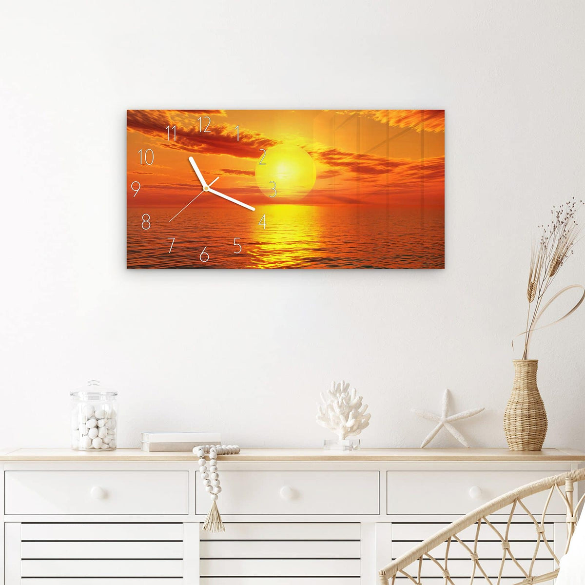 Wanduhr Sonnenuntergang am Meer aus Glas – Querformat 60 × 30 cm – Oranger Sonnenuntergang über ruhigem Meer