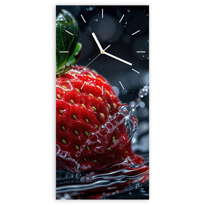 Wanduhr Erdbeere im Wasser aus Glas – Hochformat 30 × 60 cm mit Ziffernblatt Linie