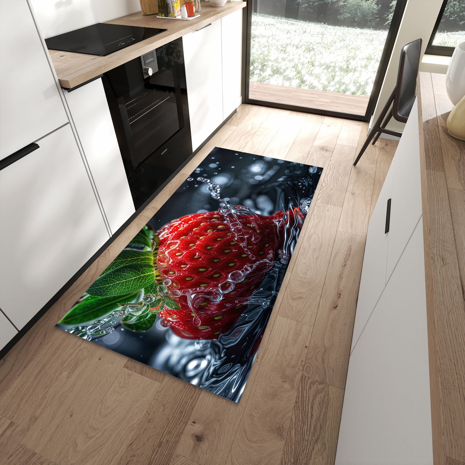 Feuchtigkeitsresistenter Küchenvorleger mit Motiv Erdbeere im Wasser in moderner Küche