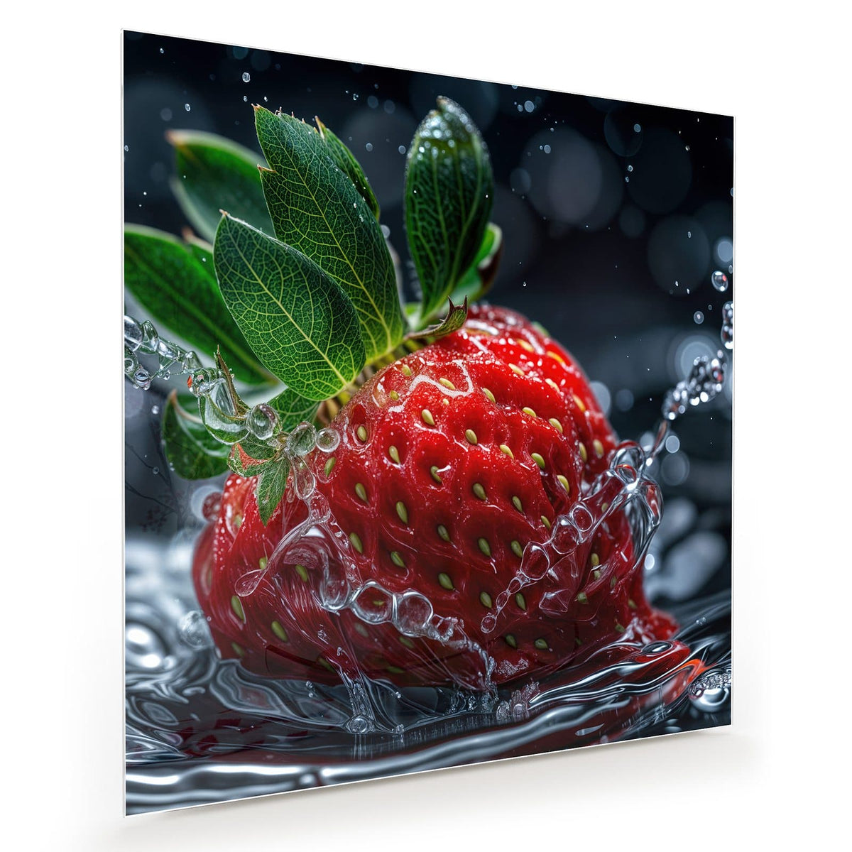Große Erdbeere mit grünen Blättern und Wasserfilm vor schwarzem Bokeh