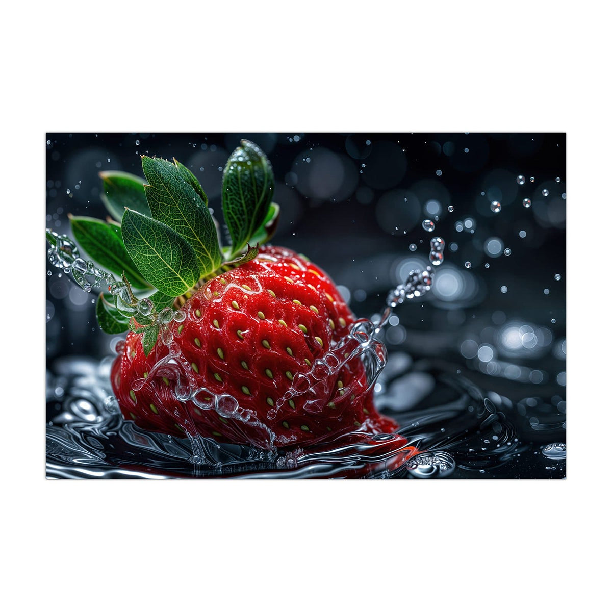 Küchenrückwand aus Glas Erdbeere auf Schwarz im Hochformat, Motiv bildfüllend von vorn