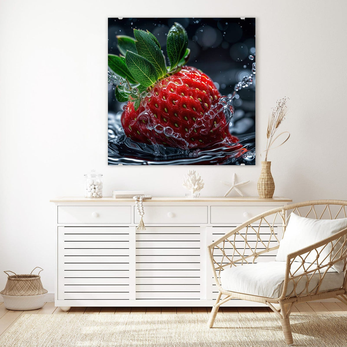 Glasbild Erdbeere auf Schwarz an der Wand – Große Erdbeere mit grünen Blättern und Wasserfilm vor schwarzem Bokeh