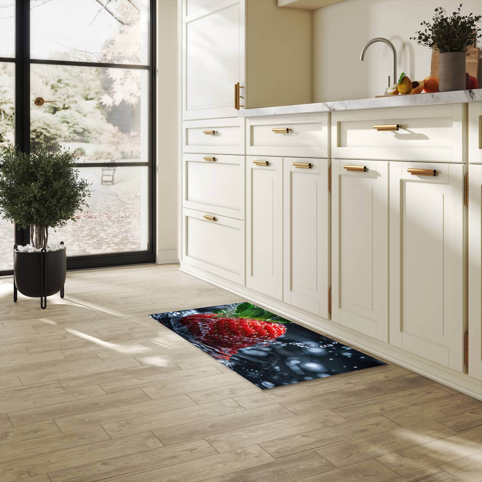 Farbbeständiger waschbarer Küchenteppich mit Motiv Erdbeere im Wasser in heller Küche