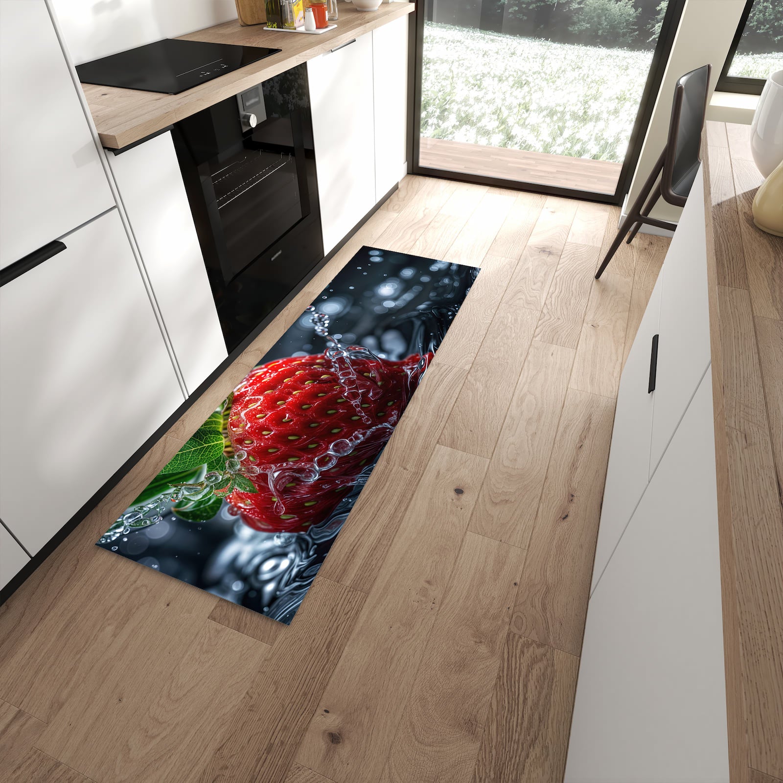 Komfortabler Küchenteppich mit Motiv Erdbeere im Wasser in moderner Küche