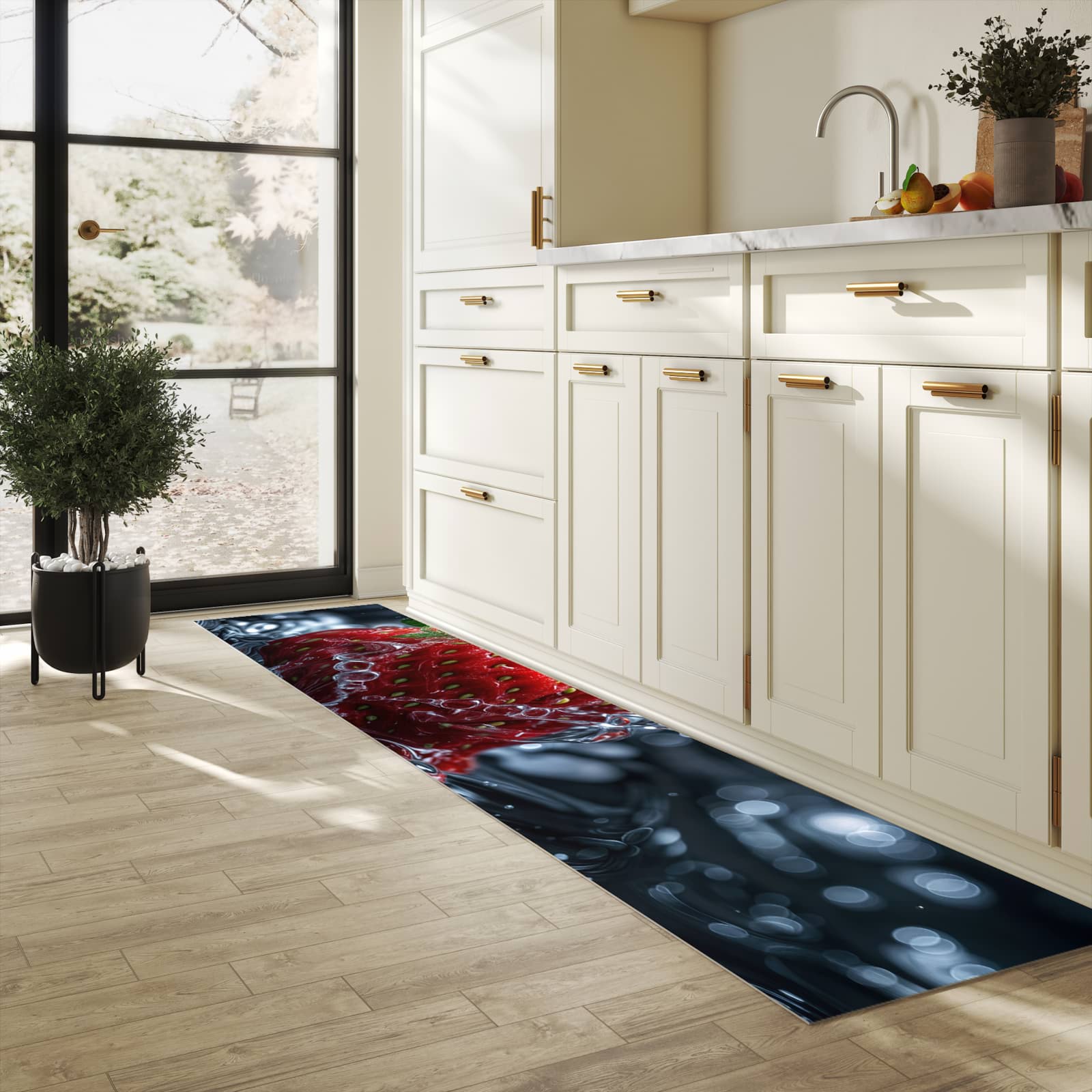 Abriebfester Küchenläufer mit Motiv Erdbeere im Wasser in heller Küche
