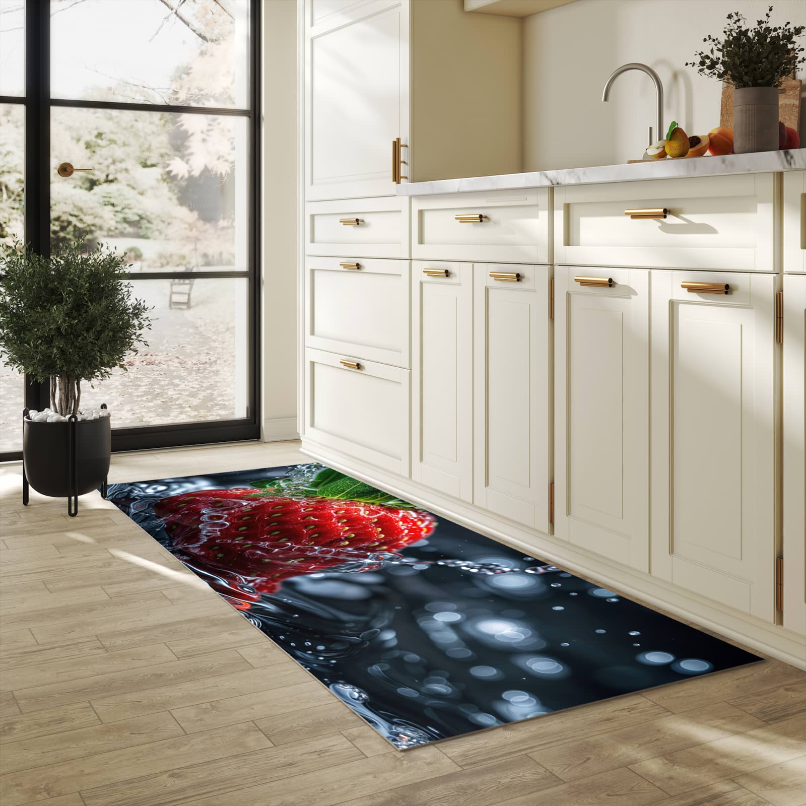 Langlebiger Küchenläufer mit Motiv Erdbeere im Wasser in heller Küche