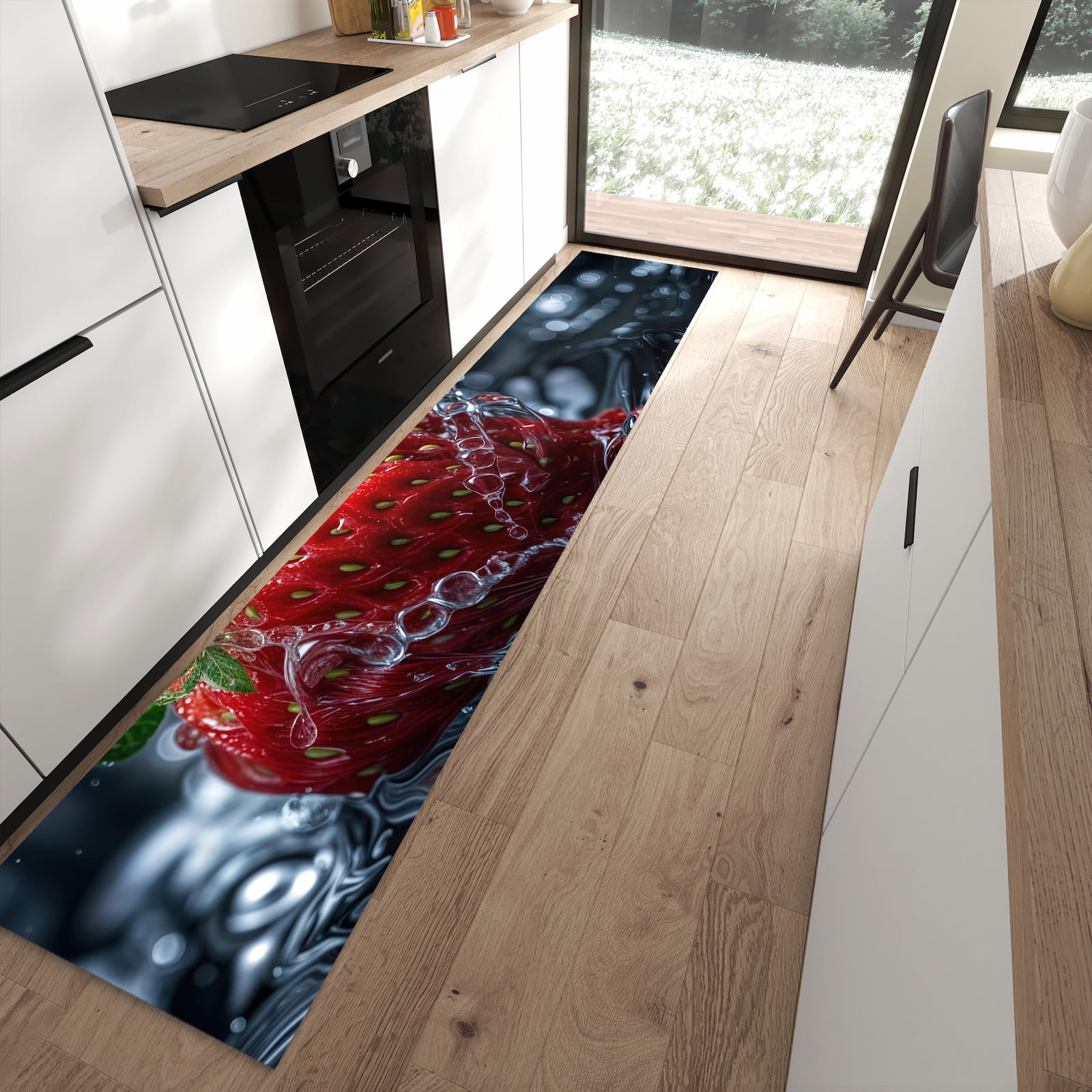 Küchenteppich mit Motiv Erdbeere im Wasser für angenehme Haptik in moderner Küche