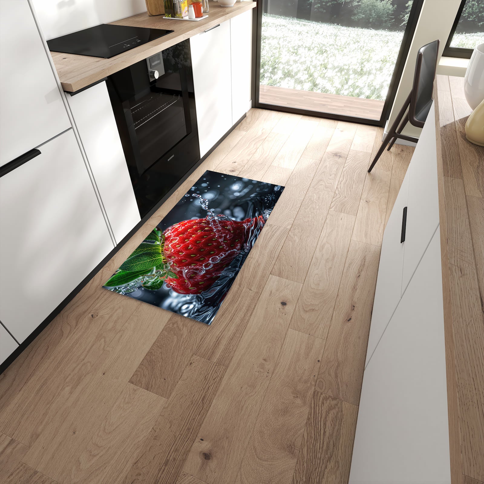 Flacher Küchenteppich mit Motiv Erdbeere im Wasser in moderner Küche #grösse_60 x 120 cm