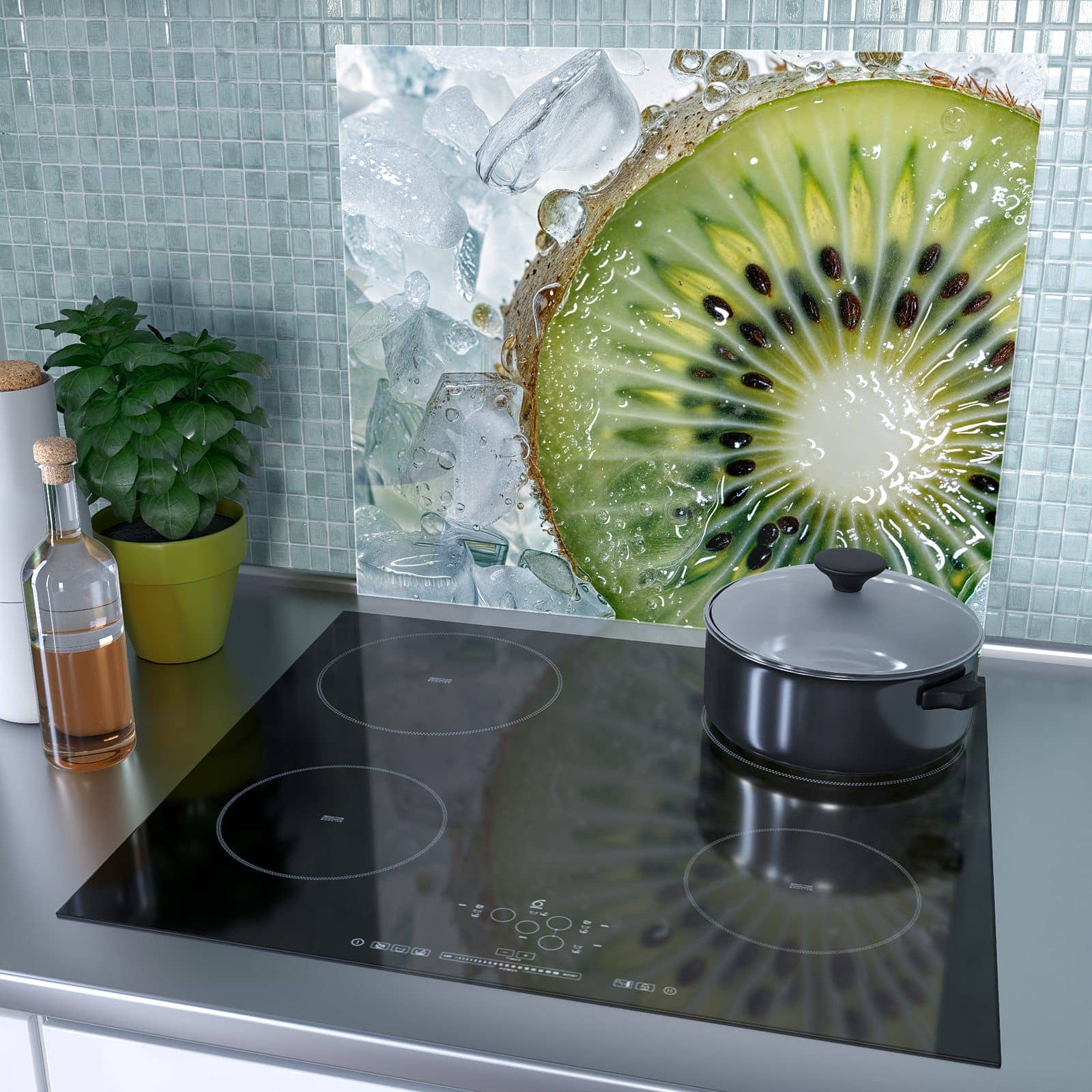 1-teilige Abdeckung für Herdplatten mit Kiwi im Eis-Motiv als Spritzschutz hinter dem Kochfeld