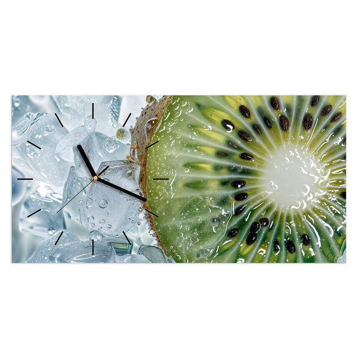 Wanduhr Kiwi im Eis aus Glas – Querformat 60 × 30 cm mit Ziffernblatt Linie