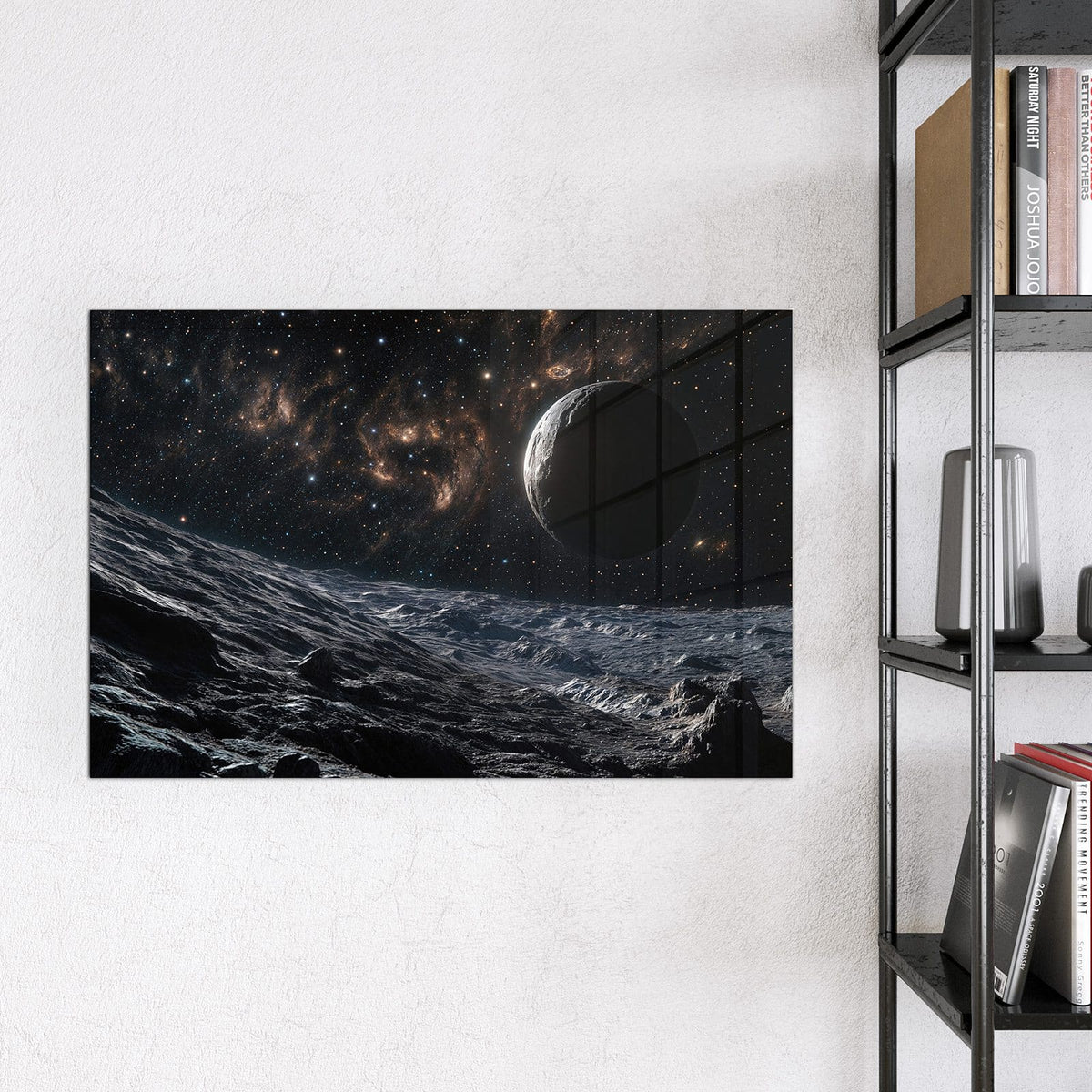 Magnettafel - Mondlandschaft im All – Grauer Mondboden vor fernem Planeten