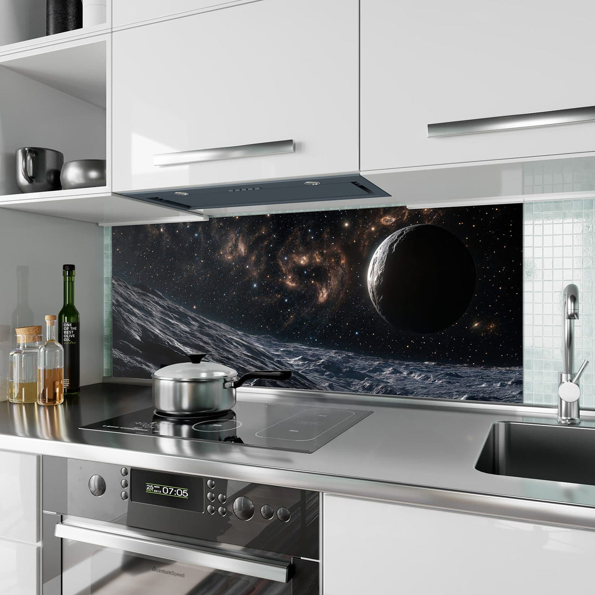 Küchenrückwand aus Glas Mondlandschaft im All im Hochformat als Spritzschutz hinter dem Kochfeld, über dem Fliesenspiegel montiert