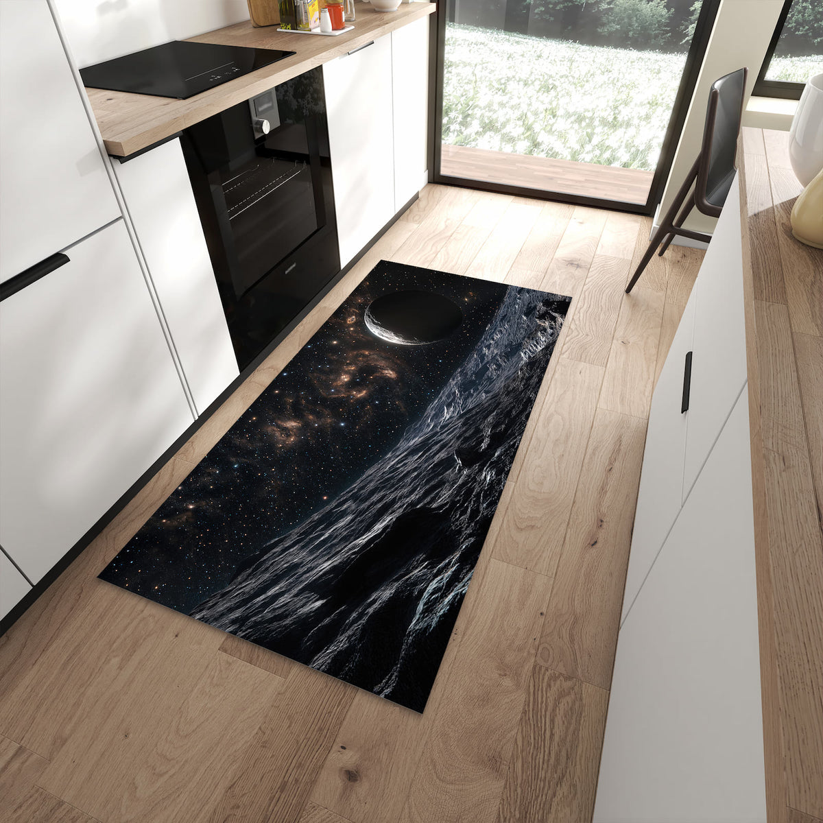 Küchenteppich mit Motiv Weltraumlandschaft für Ordnung in moderner Küche