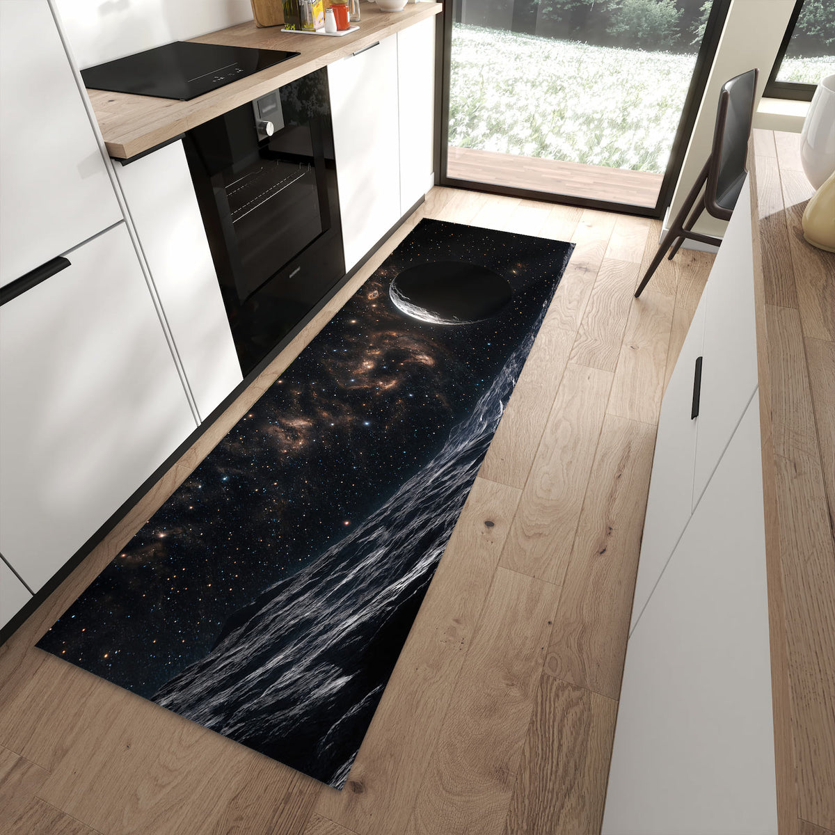 Rutschfester großer Küchenteppich mit Motiv Weltraumlandschaft in moderner Küche