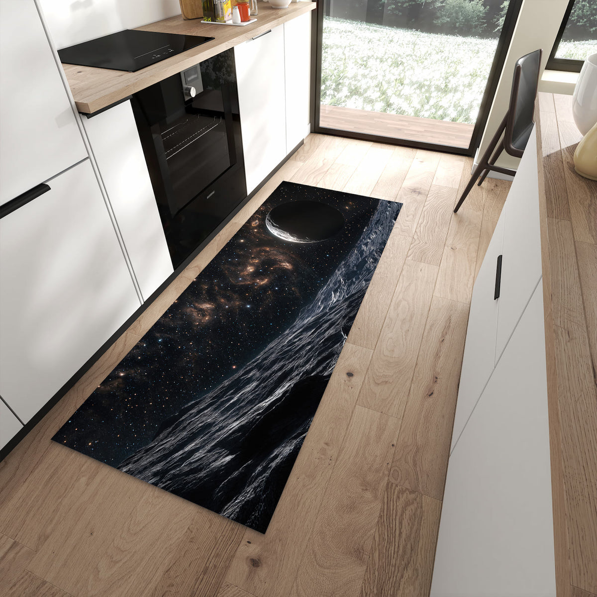 Langlebiger waschbarer Küchenteppich mit Motiv Weltraumlandschaft in moderner Küche