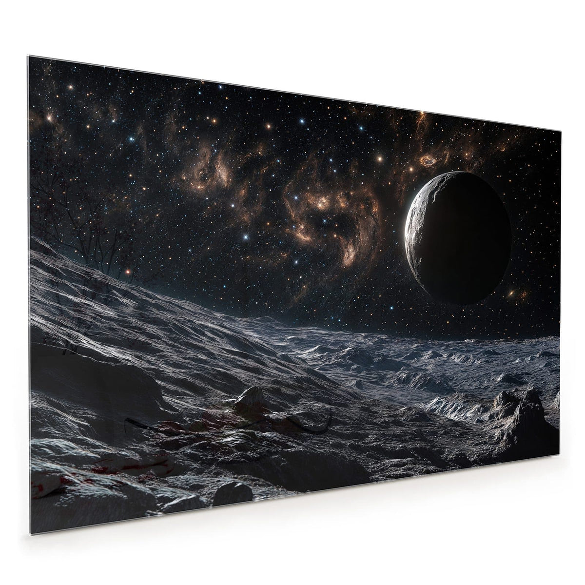 Küchenrückwand aus Glas im Hochformat mit Motiv Mondlandschaft im All: Felsige, graue Mondoberfläche im Vordergrund