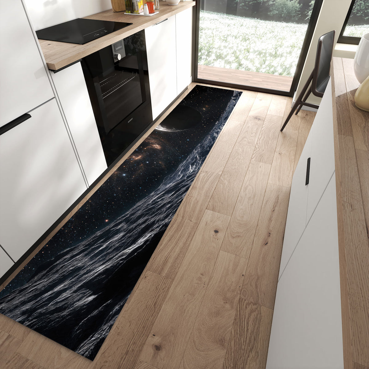 Strapazierfähiger Küchenteppich mit Motiv Weltraumlandschaft in moderner Küche