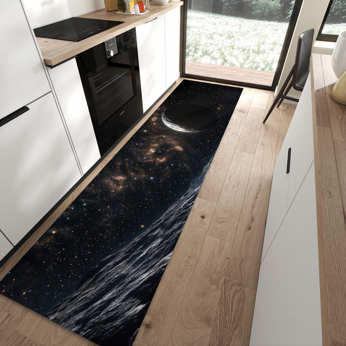 Bodenschonender Küchenteppich mit Motiv Weltraumlandschaft in moderner Küche