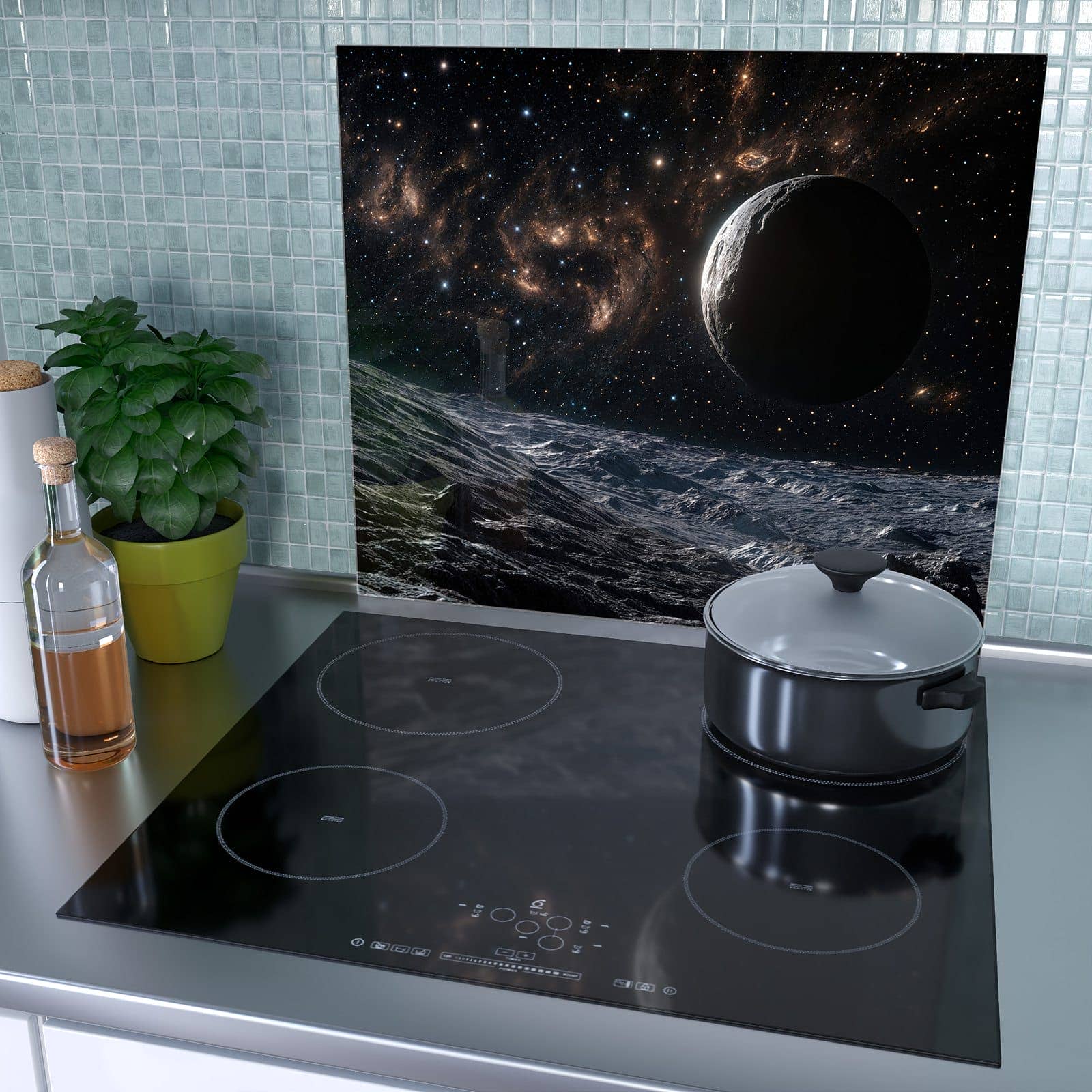 1-teilige Ceranfeld Abdeckplatten mit Weltraumlandschaft-Motiv als Spritzschutz hinter dem Kochfeld