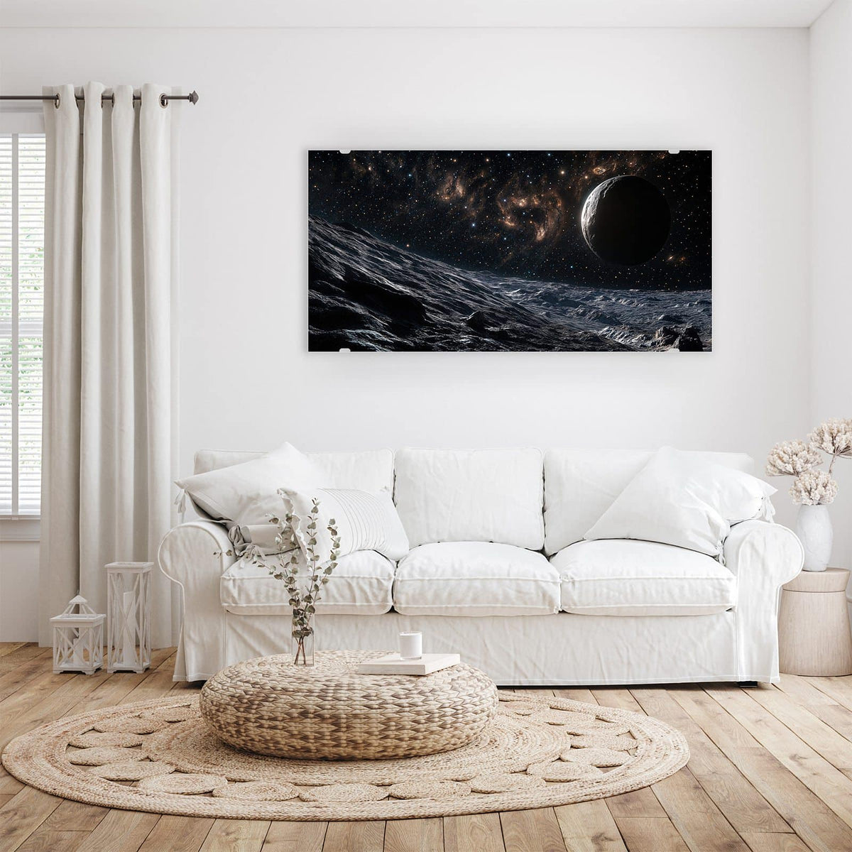 Wandbild - Mondlandschaft im All - Querformat – Grauer Mondboden vor fernem Planeten