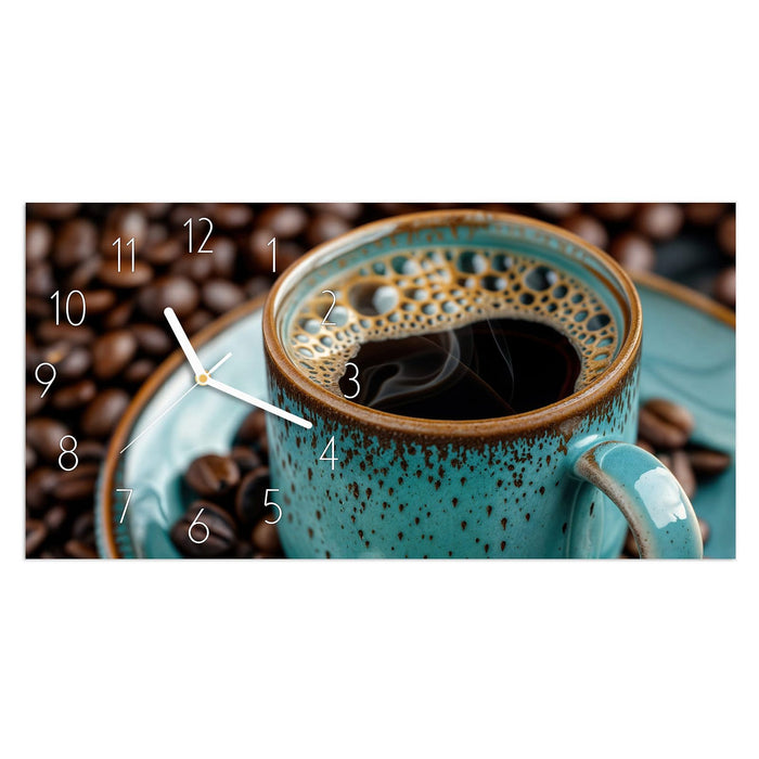 Wanduhr Kaffee mit Tasse aus Glas – Querformat 60 × 30 cm mit Ziffernblatt Elegant