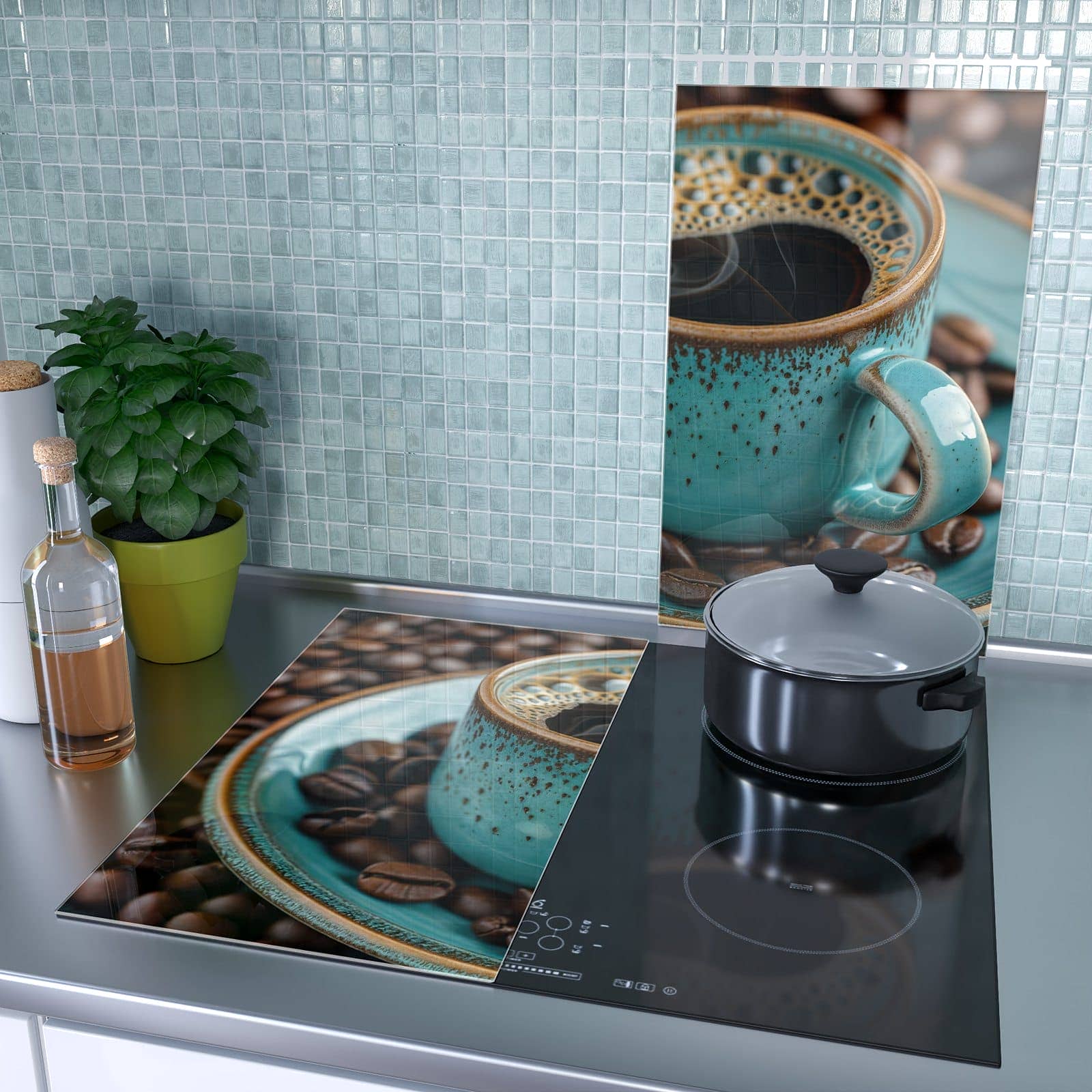 2-teilige Abdeckplatten für Herd mit Kaffee mit Tasse-Motiv als Spritzschutz hinter dem Kochfeld